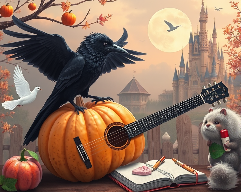 peach, raven, guitar, pumpkin, poodle, ice cream, dove, notebook, circle, squirrel, castle